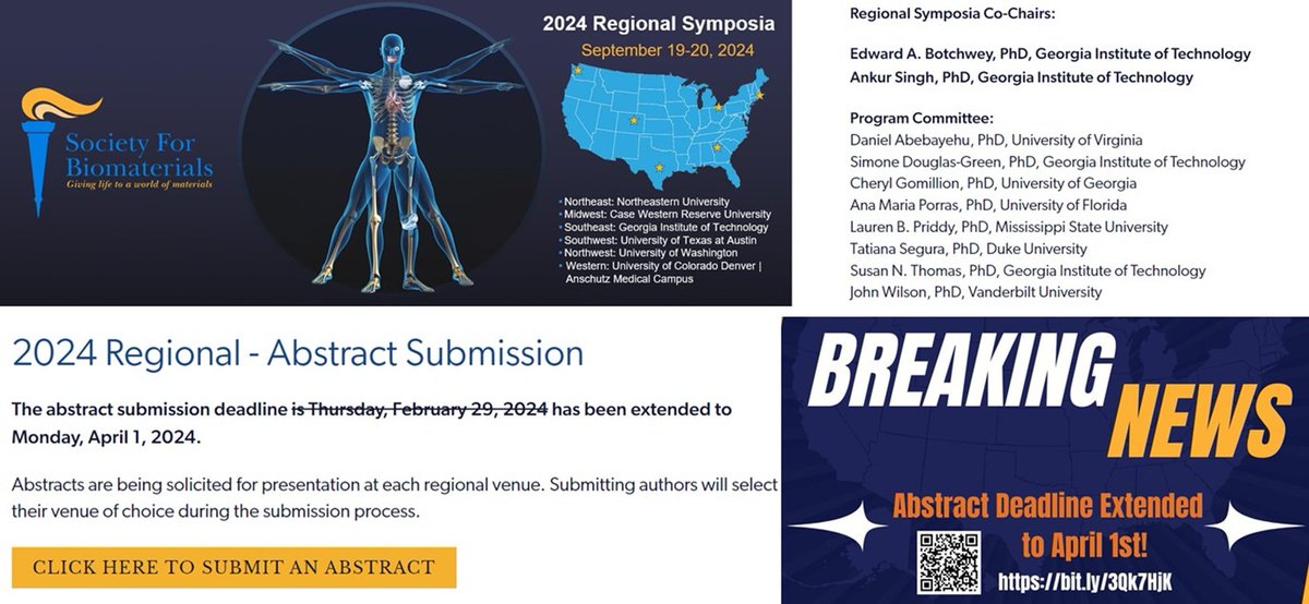 Advancing science, inspiring innovation, fostering collaboration & creating new opportunities! @SFBiomaterials✨'24 Submission Deadline Ext. to April 1✨Abstracts solicited for presentation @ SouthEast venue @GeorgiaTech. Click👇🏽 select☑️SouthEast, submit. biomaterials.org/2024-regional-…