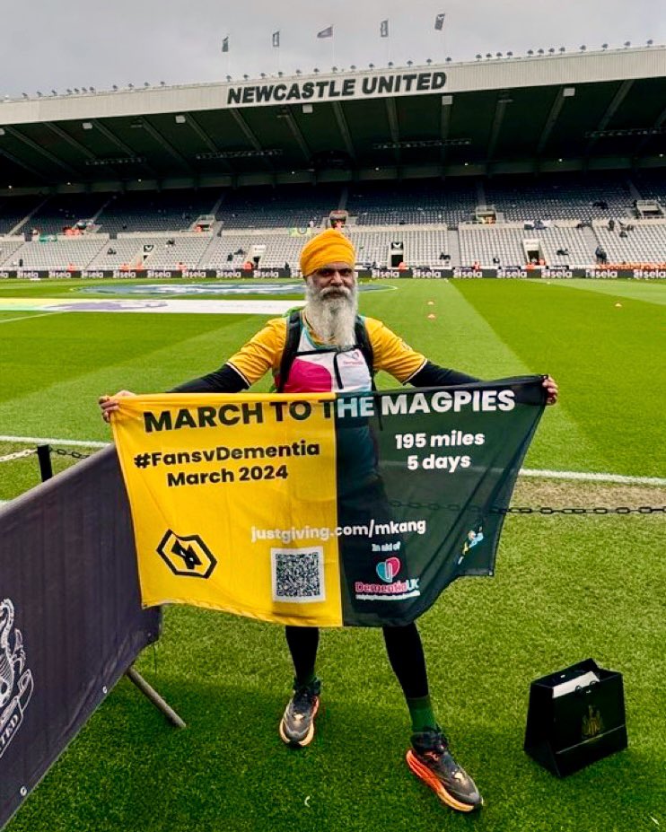 Huge congratulations to Wolves fan @pedalsingh who has completed his walk from Wolverhampton to Newcastle in time for today’s Premier League fixture. He’s raising money for @DementiaUK 👏👏