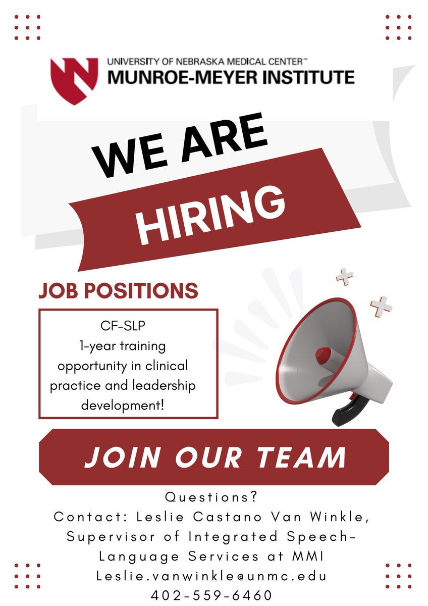 We are looking for a clinical fellow speech-language pathologist (CF-SLP) to join our team at MunroeMeyer Institute (MMI) for a 1-year training opportunity in clinical practice and leadership development! Apply NOW: unmc.peopleadmin.com/postings/84335  Questions?  Leslie Castano Van Winkle