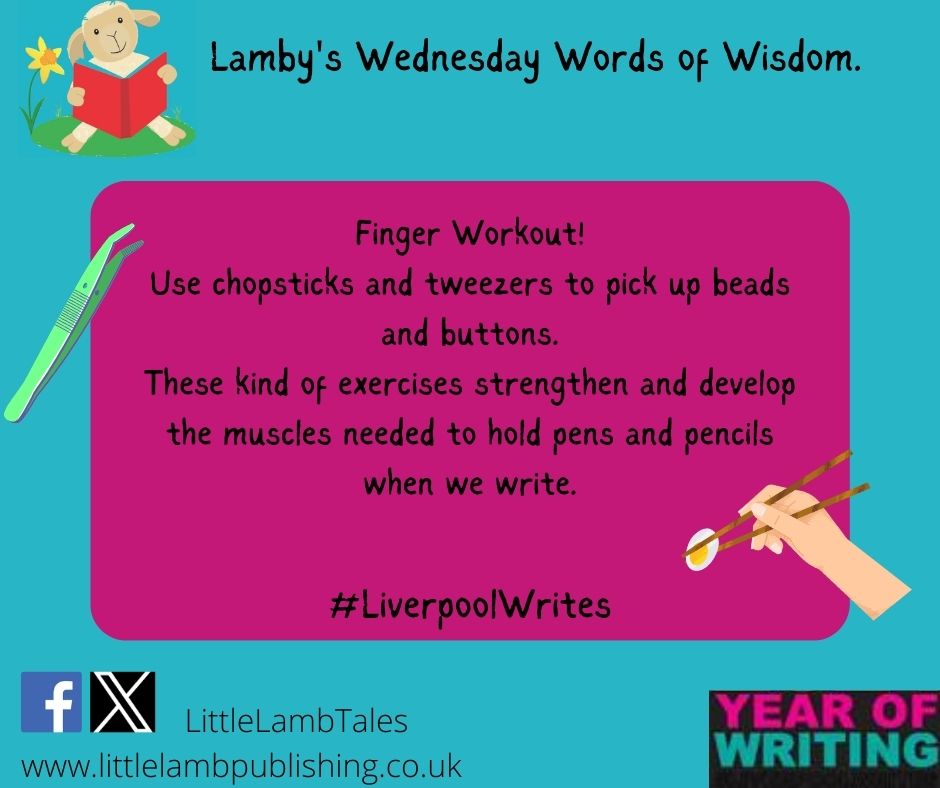 Lamby's Words of Wisdom continue. Our fingers need a workout to keep them strong and flexible. Strong fingers and hands make writing easier. @LivLitCycle @llpartnership @JudeLennonBooks #LivLitCycle #LiverpoolWrites