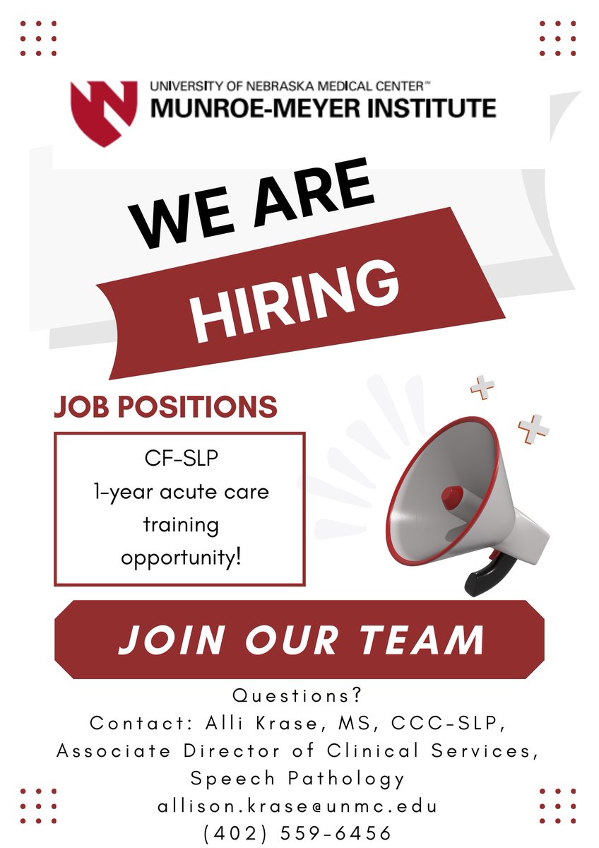We are looking for a clinical fellow in speech-language pathology to join our team at Munroe-Meyer Institute (MMI) for a 1-year acute care training opportunity!   Apply NOW: unmc.peopleadmin.com/postings/84376  Questions?  Contact: Alli Krase, MS, CCC-SLP, allison.krase@unmc.edu