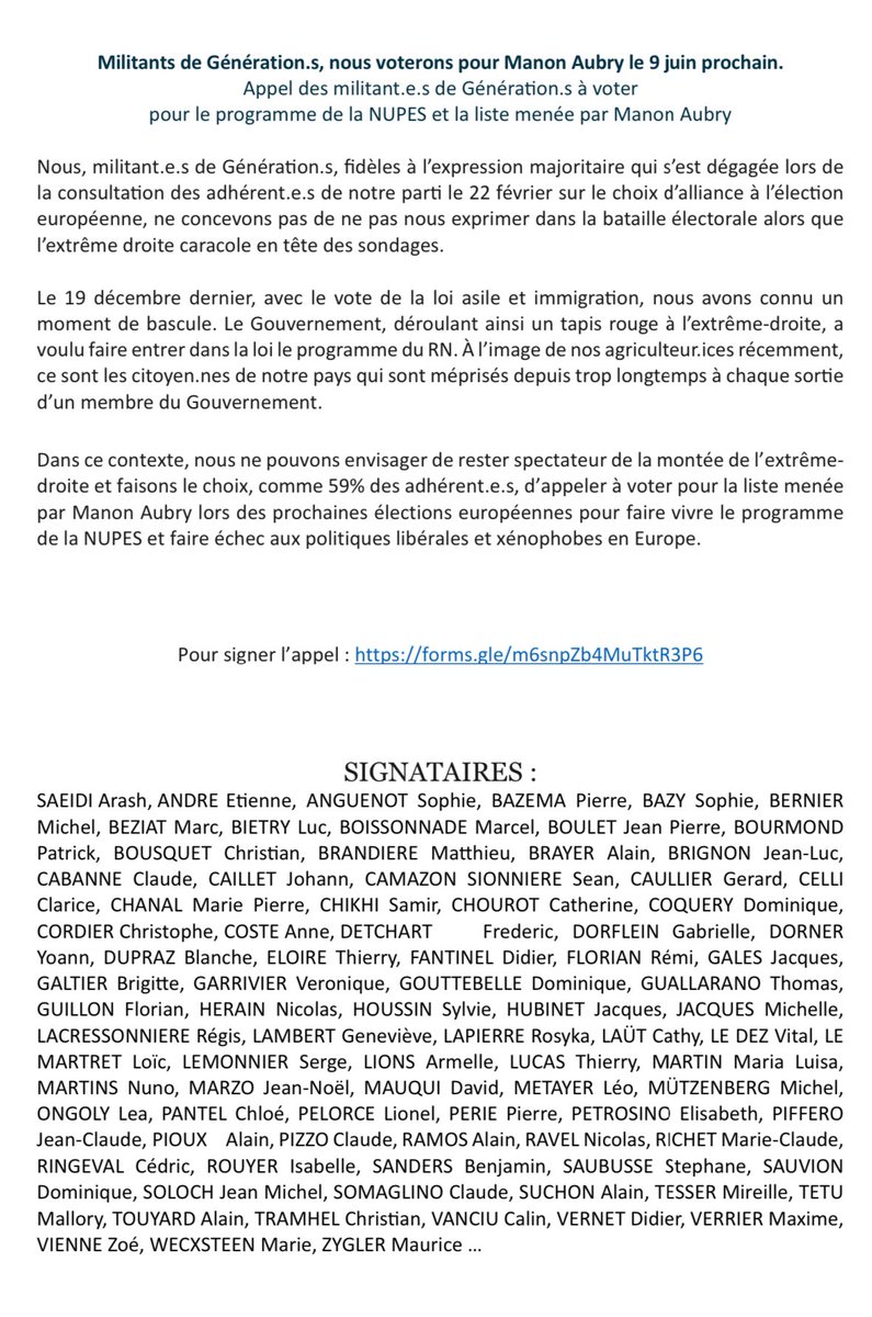 Militants de @GenerationsMvt, nous ne nous résignons pas à l’inaction lors de la prochaine campagne européenne et voterons pour la liste menée par @ManonAubryFr . Pour signer notre appel 👉 forms.gle/unfeLTdAnYAzyK… blogs.mediapart.fr/arash-saeidi/b…