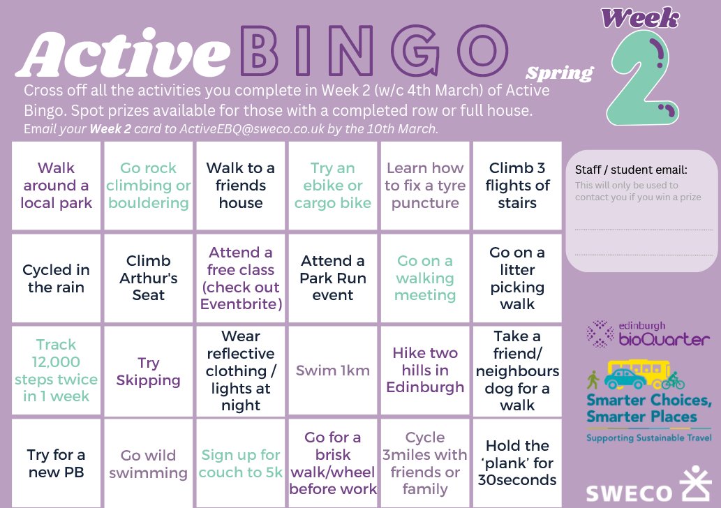 Warm up with another week of @EdinburghBQ Active Bingo! Tick off all the activities you complete to be in with the chance of winning prizes. Cycle, walk, run, wheel or dance! Download Week 2 Bingo Card (4th - 10th March) here ➡️ edinburghbioquarter.com/wp-content/upl… #BioQuarter #ActiveTravel