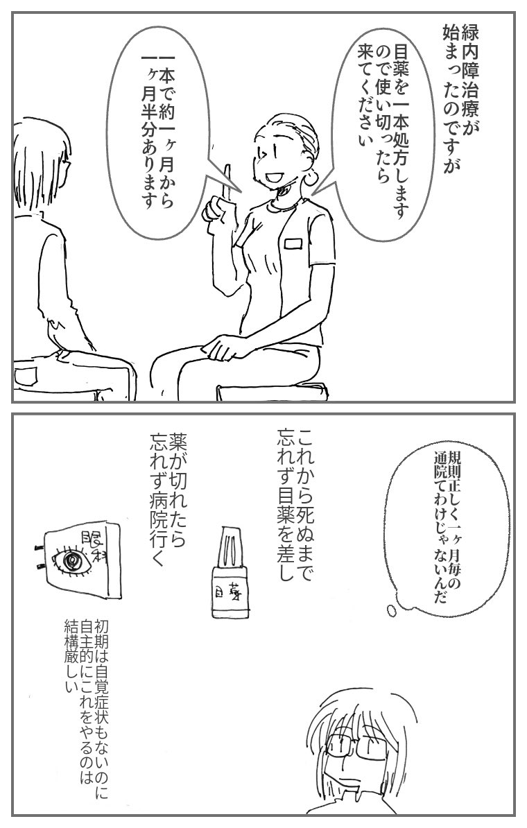 ビール飲みながら落書き 4コマ漫画 緑内障はなぜ日本の失明率第一位なんだろう? まぁ病気全般に言える事だけど、縛りがないんですよね。病気は個人の問題だし。そして通院は時間喰いで。 