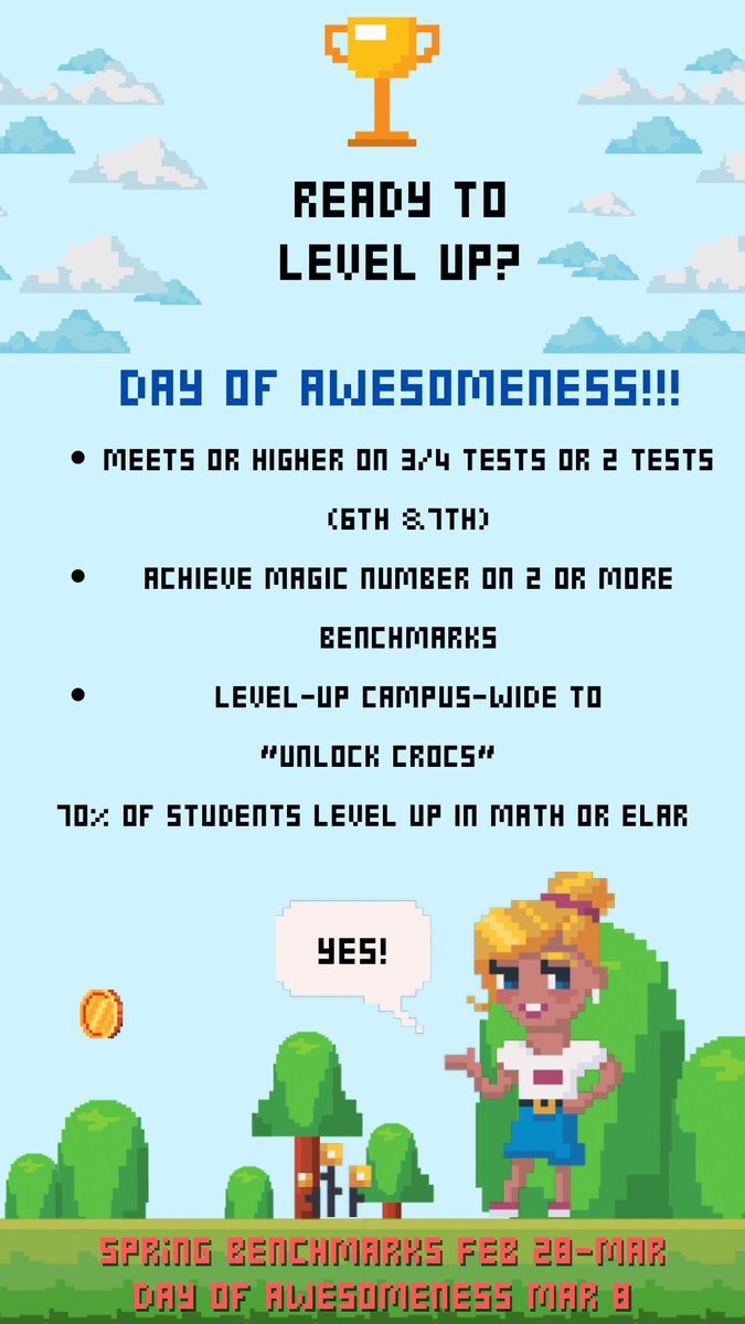 The Day of Awesomeness is coming this week! Many of our students #LeveledUp ⁦⁦@DueittEagles⁩ ! We’re focused on growth (You v.s. YOU) is the game. ⁦@NirmolLim⁩