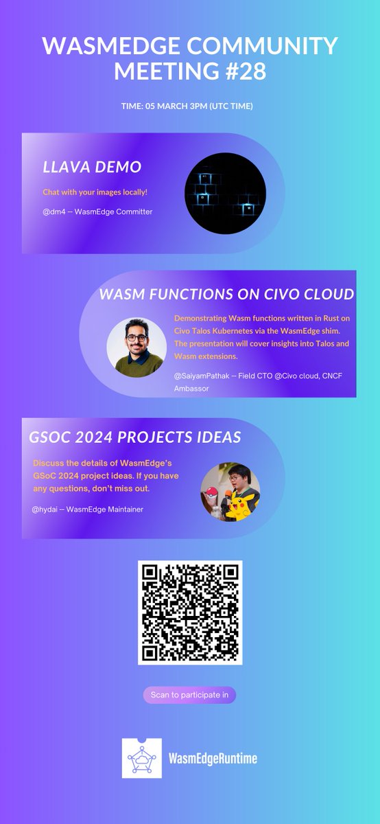🌐 Attention devs!
Mark your calendars for the 28th WasmEdge Community Meeting happening on March 5th at 3 PM UTC!
🔷 What's on the agenda?
- Exclusive Llava Demo: Chat with your images locally with d4m – WasmEdge Committer.
- Wasm Functions on Civo Cloud: A presentation by…