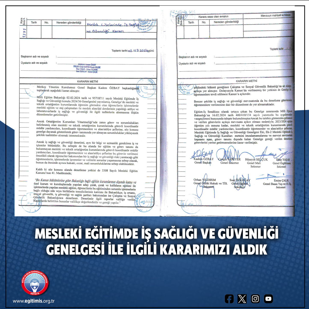 Mesleki Eğitimde İş Sağlığı ve Güvenliği Genelgesi İlgili Kararımızı Aldık egitimis.org.tr/ozluk-hukuk/ey… @tcmeb #mesleki #egitim #isg #eylem #kararı