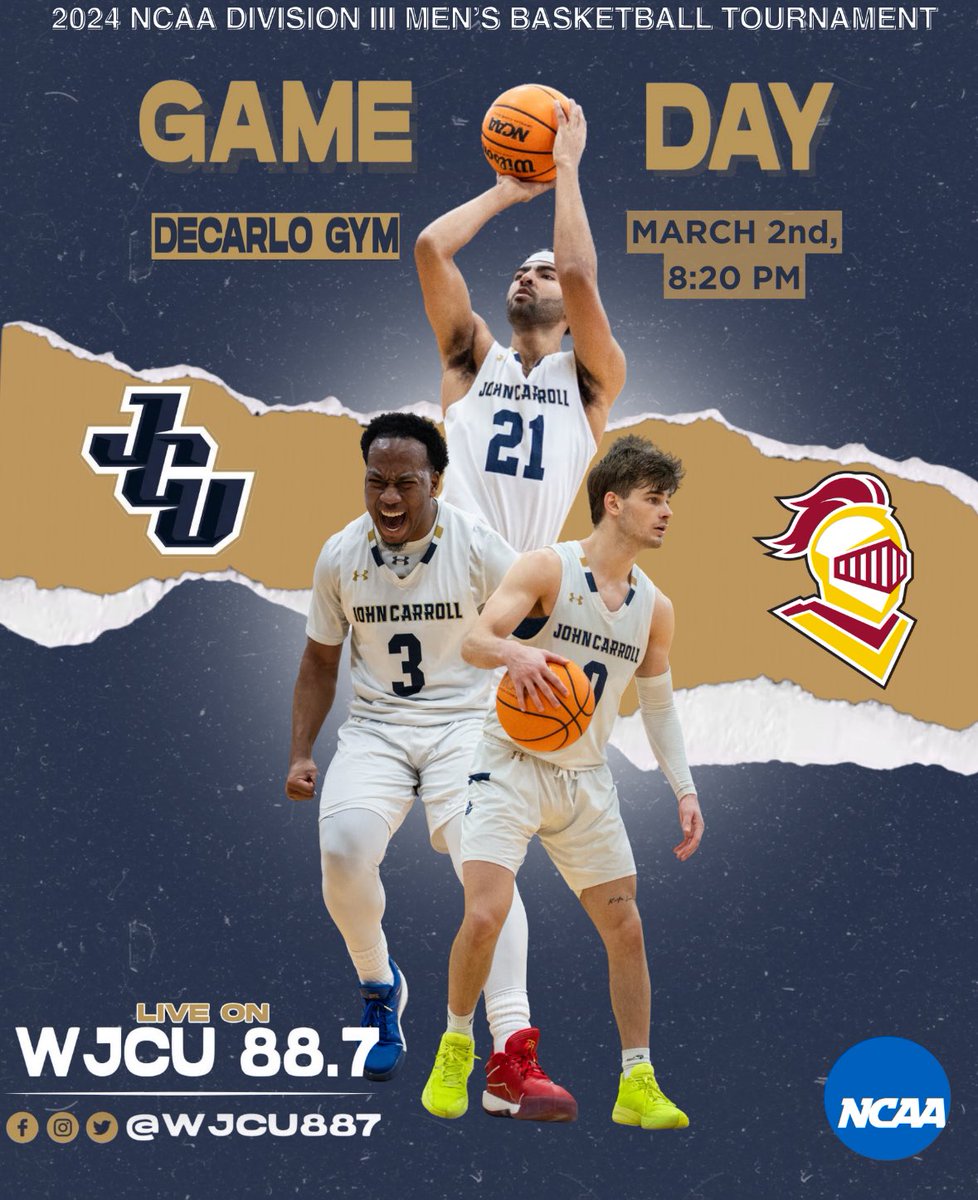 2024 NCAA DIVISION III MEN’S BASKETBALL TOURNAMENT!!

@jcumenshoops is playing against @calvinumbb tonight! Tune in at 8:10 pm on the WJCU app or at wjcu.org !

@bobbygerome22 and @jakevulinec will be on the call!