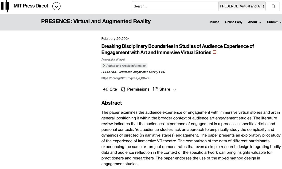 Not just as an #AudienceEngagement researcher, but also as a frequent #VRart audience member, I hope some of VR creators will read my article in MIT's Presence: Virtual and Augmented Reality <a href="/mitpress/">The MIT Press @mitpress.bsky.social</a>. The article will be published soon!