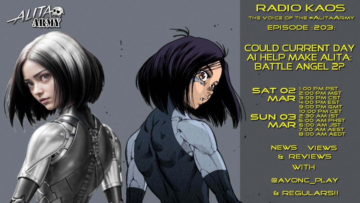 Yahallo, #AlitaArmy! With generative AI popping up all over these days, it was only a matter of time before AI was involved in movie production. This week on RADIO KAOS ep 203, we ask 'Could Current Day AI Help Make Alita: Battle Angel 2?' Join us! youtube.com/live/2GBugfD9g…