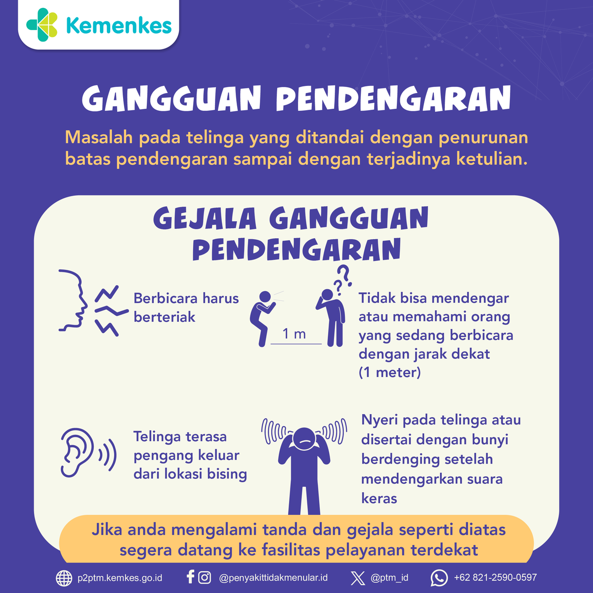 Yuk, mari kita ketahui lebih lanjut tentang gangguan pendengaran dan gejalanya.
.
#CERDIK #CegahPTM #DukungGERMAS #WorldHearingDay #HearingCare #GangguanPendengaran