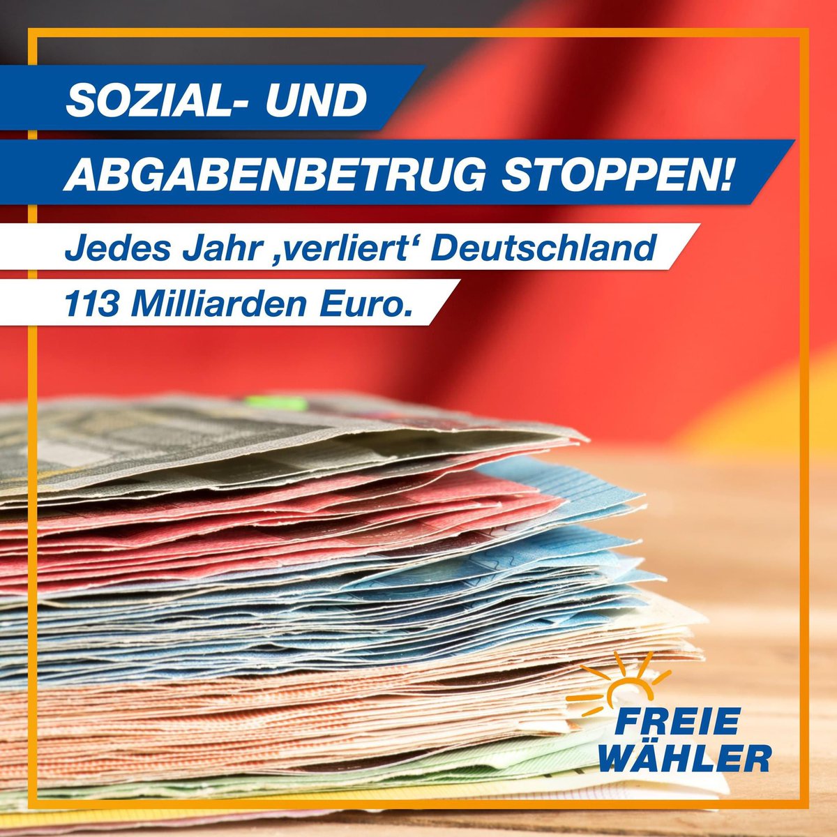 Sozial- und Abgabenbetrug konsequent verfolgen! 👮🏻‍♂️👩🏼‍⚖️

Jedes Jahr verliert Deutschland durch Steuerhinterziehung, Sozialbetrug und Schwarzarbeit über 113 Milliarden Euro.

Unser Gemeinwesen finanziert sich nur durch unsere Steuern. Jene, die versuchen, ihren Beitrag hierzu gegen