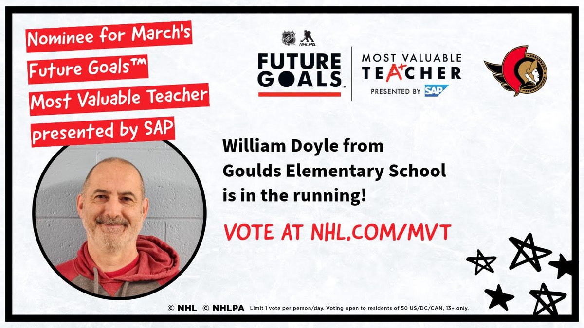 Congratulations to our very own Mr. Bill Doyle, who has been selected as a Most Valuable Teacher by  @SAPsports for the @futuregoalsSTEM program!  Visit NHL.com/MVT and vote (throughout March) for Mr. Doyle. <a href="/NLSchoolsCA/">NLSchools</a> <a href="/NLTeachersAssoc/">NLTA</a>