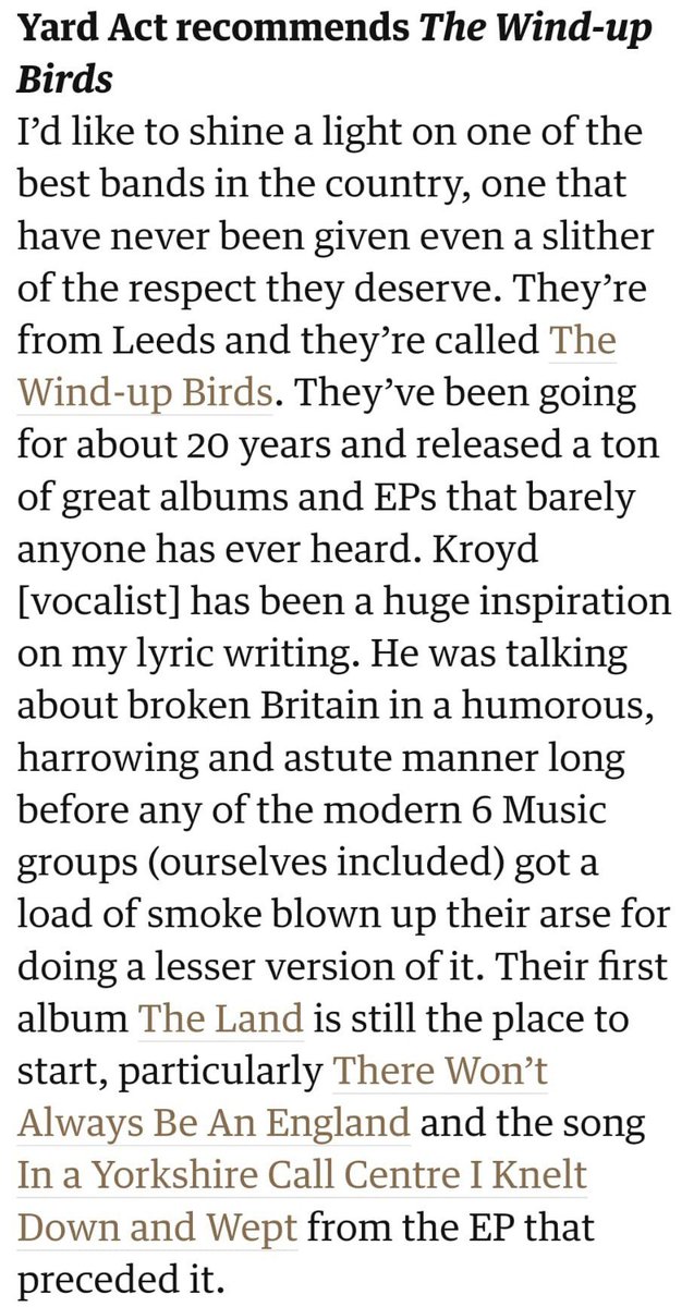 SturdyRecords's tweet image. So proud to see this lovely bit (and absolutely correct) bit on @thewindupbirds from @YardActBand  in yesterday's Guardian Guide newsletter. Check out the whole thing for a great little rundown of some of the best bands in Leeds incl @volksoup etc al theguardian.com/culture/2024/m…
