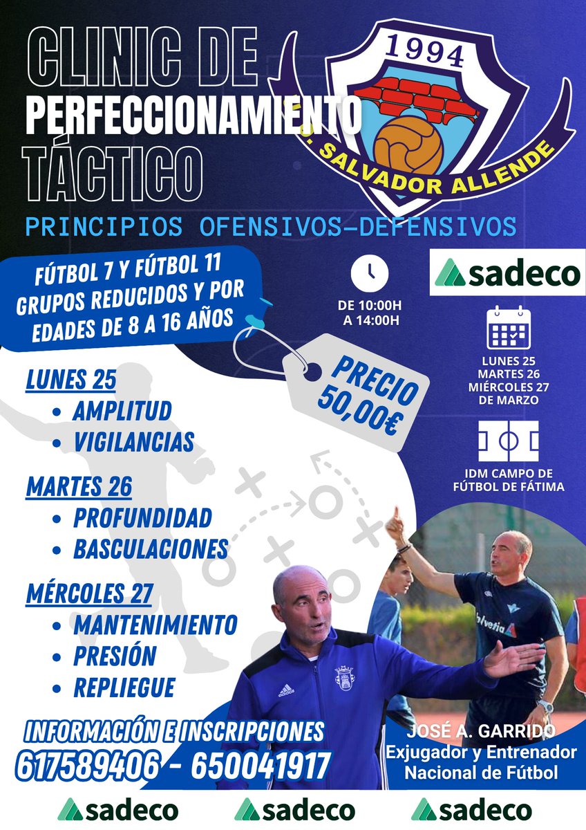 El Allende abre sus puertas a todas las jugadoras y a todos los jugadores de 8 a 16 años, ofreciendo un Clinic de perfeccionamiento Táctico.

Se realizarán entrenamientos dirigidos por José Ángel Garrido exjugador y entrenador Nacional de fútbol.