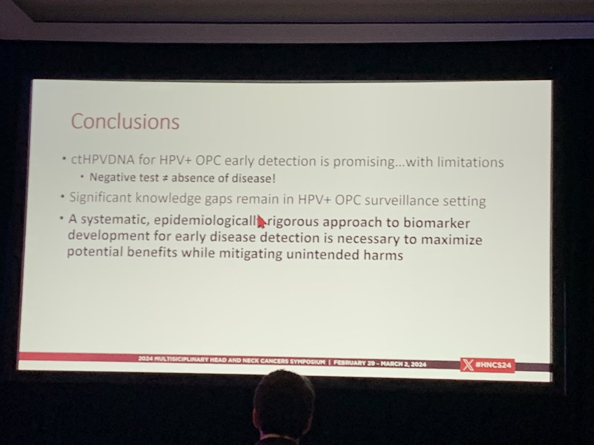 #HNCS24: Biomarkers for HPV+ OPC 

🔘ctDNA appears to ⬆️ w ⬆️ N-stage and certain HPV subtypes (16)
🔘ctDNA has emerging use in surveillance 
🔘Remaining ?: use if undetectable at baseline? How to manage false- or imaging- but ctDNA+? RCT needed! 
🔘-ctDNA 🙅🏽‍♂️ no dx