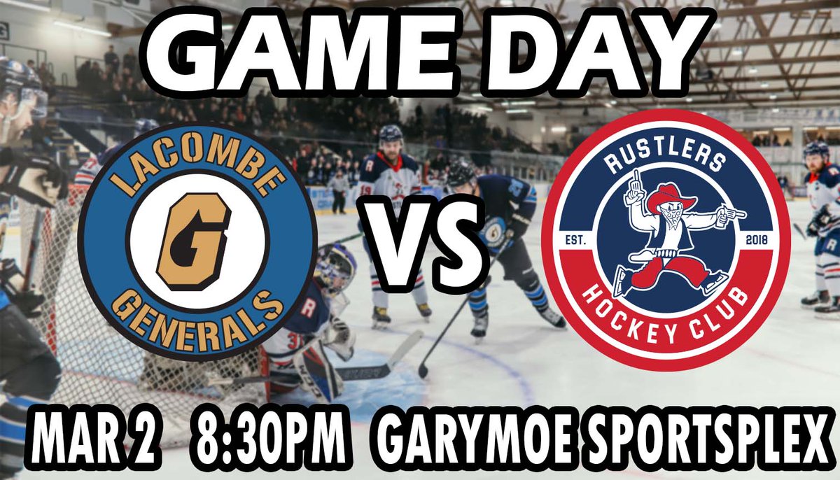 Playoff Day, R2 Gm 3 Generals vs @RDSrAARustlers!! The series is tied 1-1!! There will be merch prizes, chance to win @MoesLacombe pizza during Shoot-To-Win,
@KidSportLacombe 50/50, Figure skating performance and more! 
See you tonight! Go Generals Go!
@NCHLSeniorAA