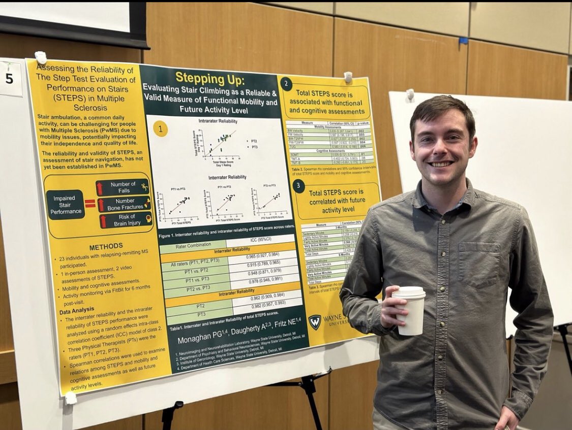 Great time presenting at Wayne State’s Graduate Research Symposium this week. Such a diverse range of thought provoking and intriguing research across disciplines. My poster highlighted the validity and reliability of as assessment of stair performance in individuals with MS.