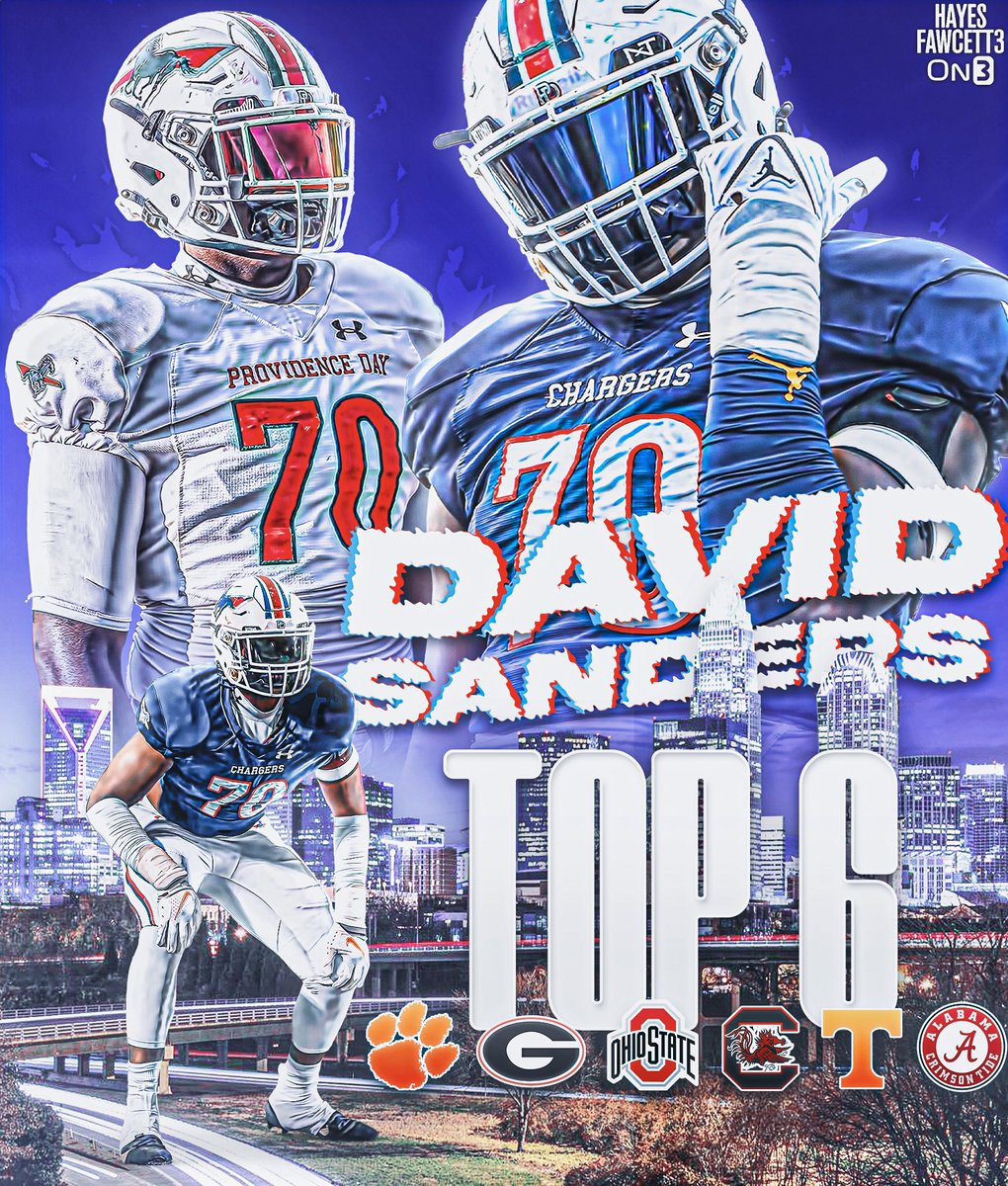 NEWS: Five-Star Plus+ OT David Sanders is down to 6️⃣ Schools! The 6’6 270 OT from Charlotte, NC is ranked as the No. 2 Recruit in the ‘25 Class (No. 1 OT) per On3 Where Should He Go?👇🏽 on3.com/news/five-star…