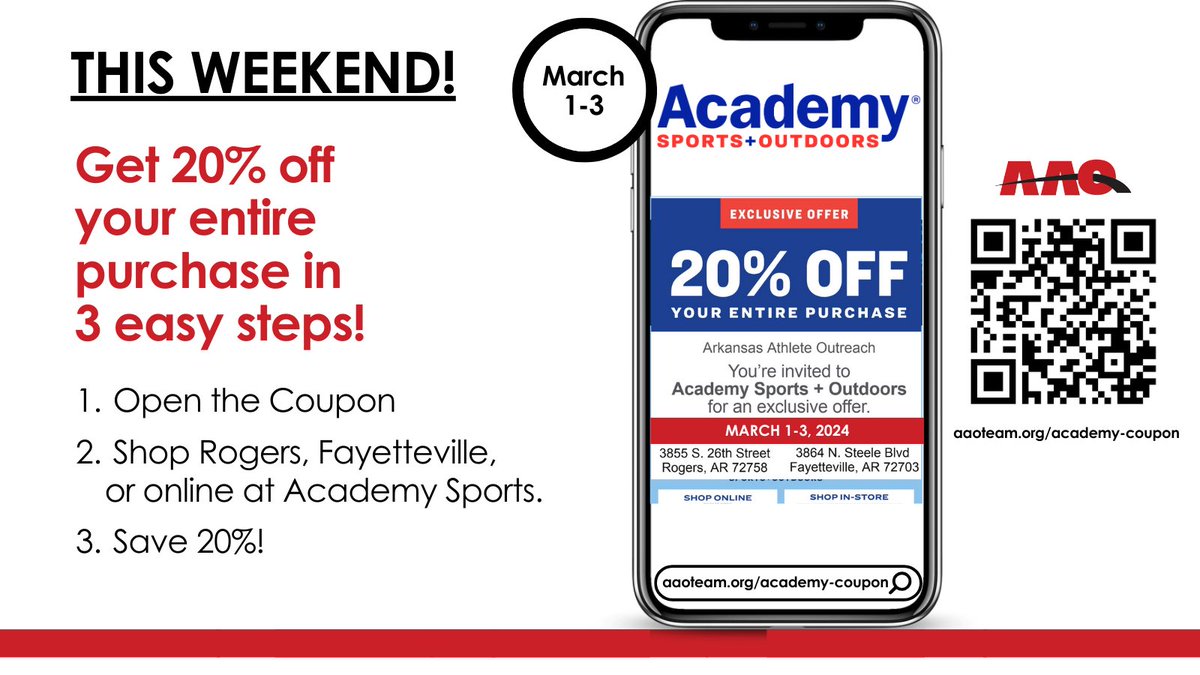 THIS WEEKEND! Get 20% off in-store or online at Academy Sports and Outdoors when you use our code! Click the link in our bio or go to aaoteam/academy-coupon to start shopping! #aaoteam #academy