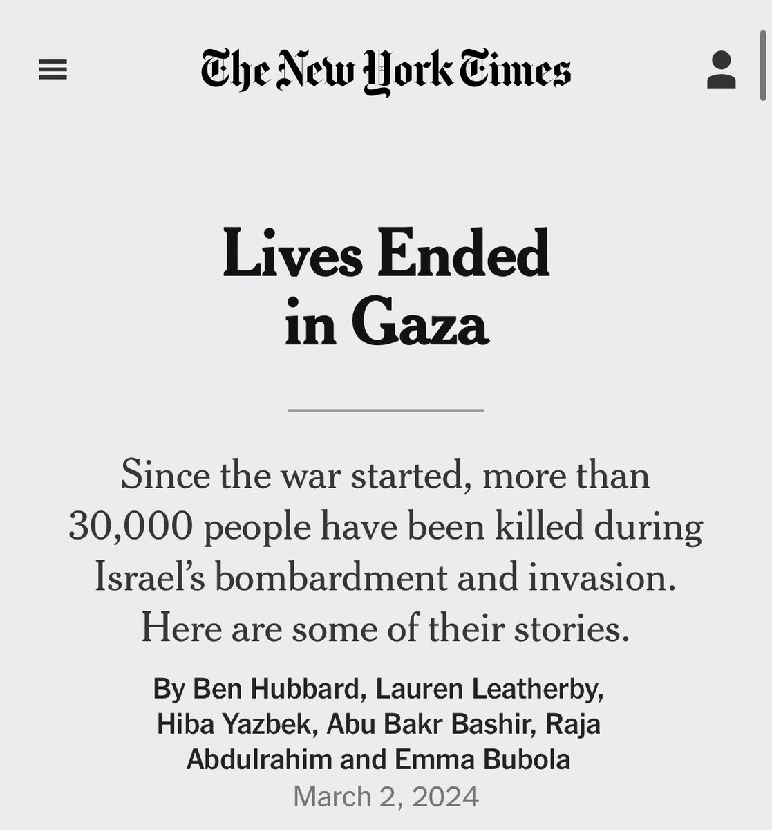 “Lives ended in Gaza” “Killed during Israel’s bombardment” Even in an attempt to present Palestinians as human, the role and responsibility of Israel in 150 days of constant slaughter and starvation is muted and obfuscated.