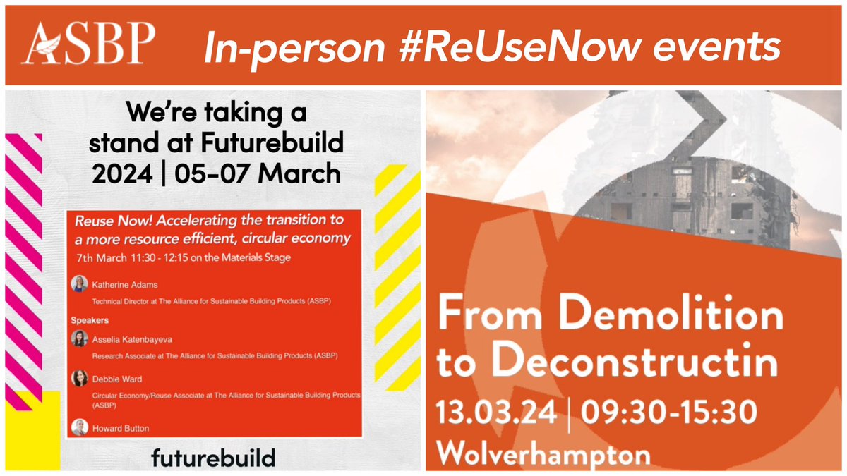 ASBP (@asbp_uk) on Twitter photo “Demolition to Deconstruction” is one of two in-person #ReUseNow events coming up in March. asbp.org.uk/upcomingevents
Thursday 7th <a href="/FuturebuildNow/">Futurebuild</a> @ 11:30 on the Materials Stage
Wednesday 13th <a href="/wlv_uni/">University of Wolverhampton</a> Wolverhampton @ 9:30 at National Brownfield Institute
#ReUse #CircularEconomy “Demolition to Deconstruction” is one of two in-person #ReUseNow events coming up in March. asbp.org.uk/upcomingevents
Thursday 7th <a href="/FuturebuildNow/">Futurebuild</a> @ 11:30 on the Materials Stage
Wednesday 13th <a href="/wlv_uni/">University of Wolverhampton</a> Wolverhampton @ 9:30 at National Brownfield Institute
#ReUse #CircularEconomy