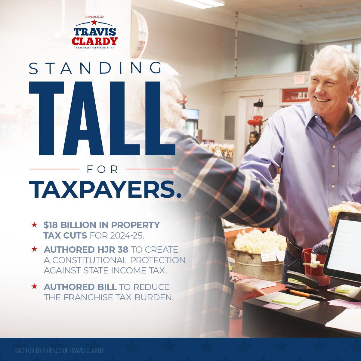 Travis Clardy is a tireless advocate for East Texas taxpayers. He co-sponsored bills for $18B property tax relief, raised homestead exemptions, and doubled franchise tax exemption to $2.47M. His work for the people of East Texas speaks for itself.