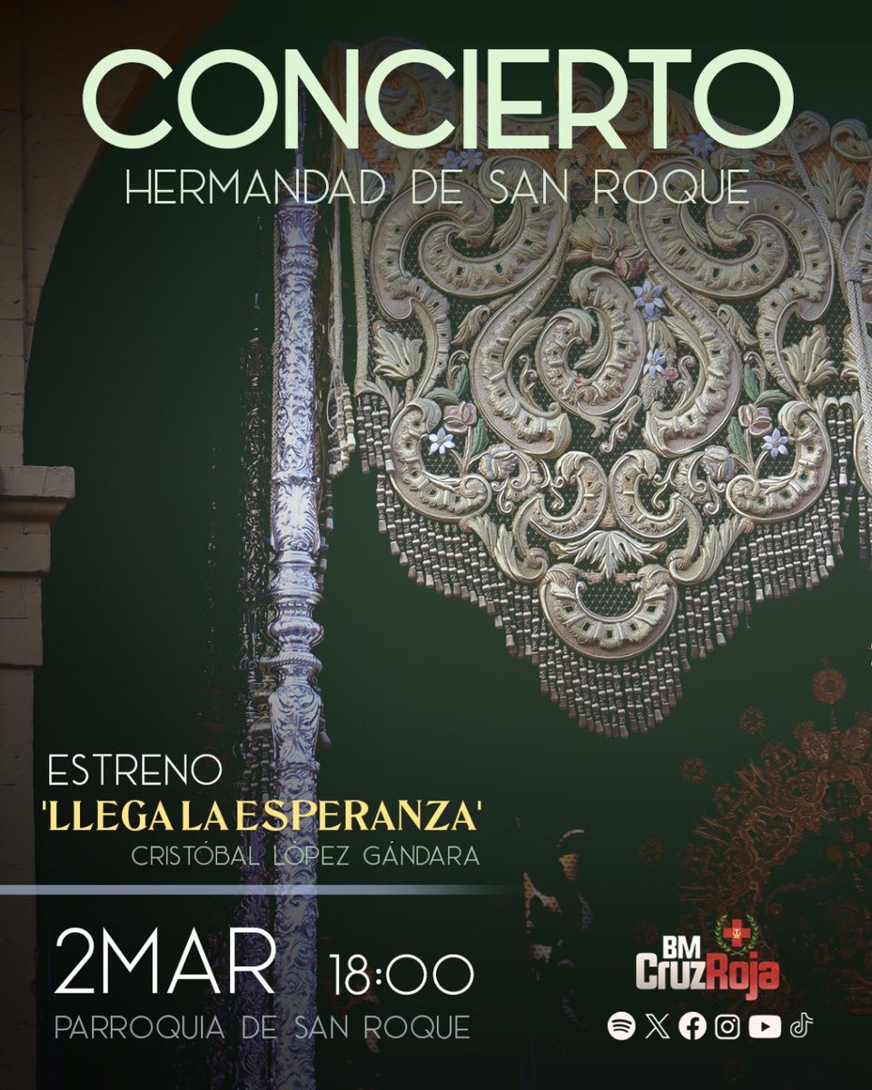 📆 #AgendaTC | Hoy concierto de la @BandaCruzRoja en la @Hdad_SanRoque.

⛪ @PqSanRoque

🕕 18:00h.

¡Síguelo en DIRECTO aquí! 👇🏼
➡️ youtube.com/live/G9ckByymY…

#SuenaCruzRoja #SevillaHoy
#TDSCofrade #TrianeroCofrade