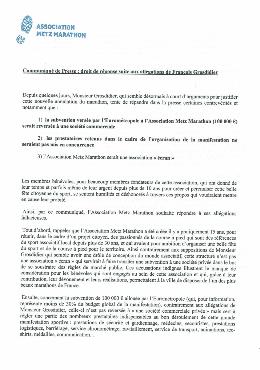 MarathonMetz's tweet photo. Voici le communiqué de presse de l'Association Metz Marathon en droit de réponse suite aux allégations de Monsieur François Grosdidier. https://t.co/Fo64YQP1WG