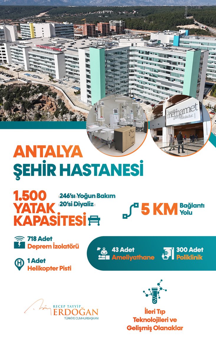 Bugün resmî açılışını yaptığımız, en ileri tıp teknolojileriyle donatılan 1.500 yatak kapasiteli Antalya Şehir Hastanemiz ile bağlantı yolunun ülkemize ve şehrimize hayırlı olmasını diliyorum.