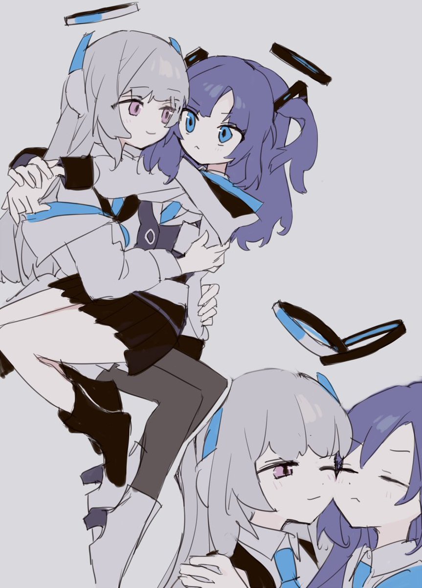 noa (blue archive) ,yuuka (blue archive) multiple girls 2girls purple eyes halo grey hair jacket necktie  illustration images