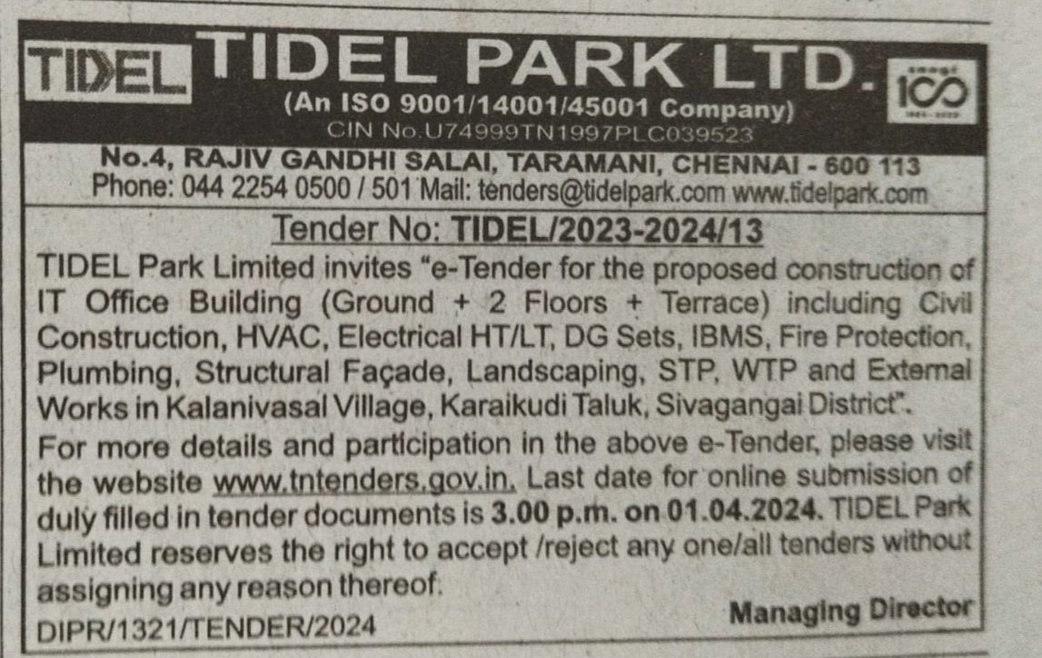 🥰🥰 #Madurai Region Update:
Tidel Park Ltd has invited bids for 🏗️🏗️ of Neo Tidel Park IT Building(G+2 FL) in Karaikudi at Sivagangai Dist #Madurai Region 
This will created 1000+New ITJob 
Thanks to @TRBRajaa for industrial development in backward areas
 #InvestInTN #Sivagangai