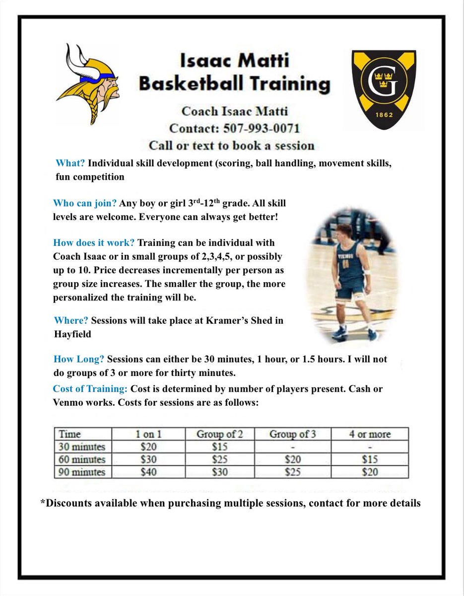Isaac Matti Basketball Training returns this spring/summer‼️🏀 •Flexible sessions! Accommodating either a structured summer plan, or adaptable text-based scheduling.👍 •Expect to work hard and get better🔥 •Call or text 507-993-0071 to book or ask questions
