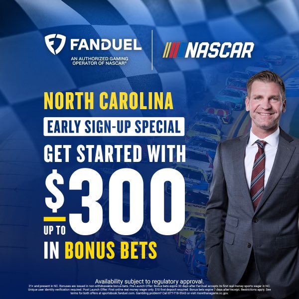 ClintBowyer's tweet photo. FINALLY!!! @fdsportsbook is coming to NC March 11th &amp; you can sign up now to access $300 in bonus bets.  Can’t wait for all my NC friends to join in on the fun and bet on their favorite drivers.  💪 https://t.co/9YBDjOmHdD