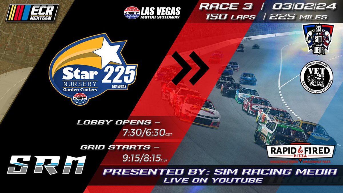 Raceday! We head to <a href="/LVMotorSpeedway/">Las Vegas Motor Speedway</a> under the lights tonight for a wide open 150 laps in the Star Nursery Garden Centers 225. 

Tune in tonight live on <a href="/YouTube/">YouTube</a> at 9:15pm et as the guys from <a href="/SimRacingMedia1/">Sim Racing Media</a> call all the action.

#213simwear #Vet2Track #RapidFiredPizza