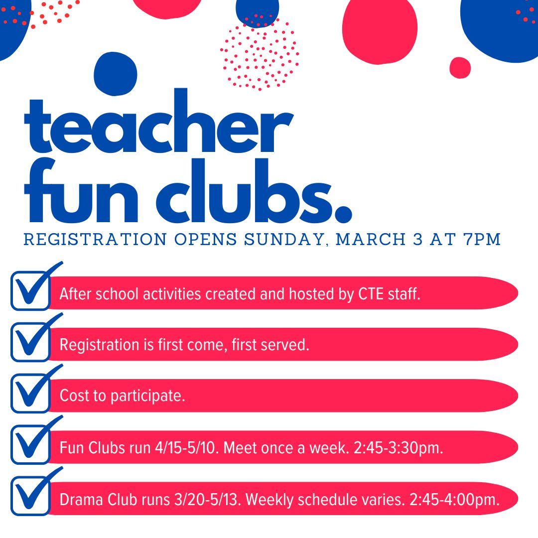 Don’t forget! Teacher Fun Club Registration opens TOMORROW at 7PM. For more info and to check out the list of Fun Clubs being offered:
buff.ly/49vTvws

Registration opens 3/3 at 7:00pm and will remain open until 3/6 at 7:00pm. Register here:
buff.ly/49SGOf5