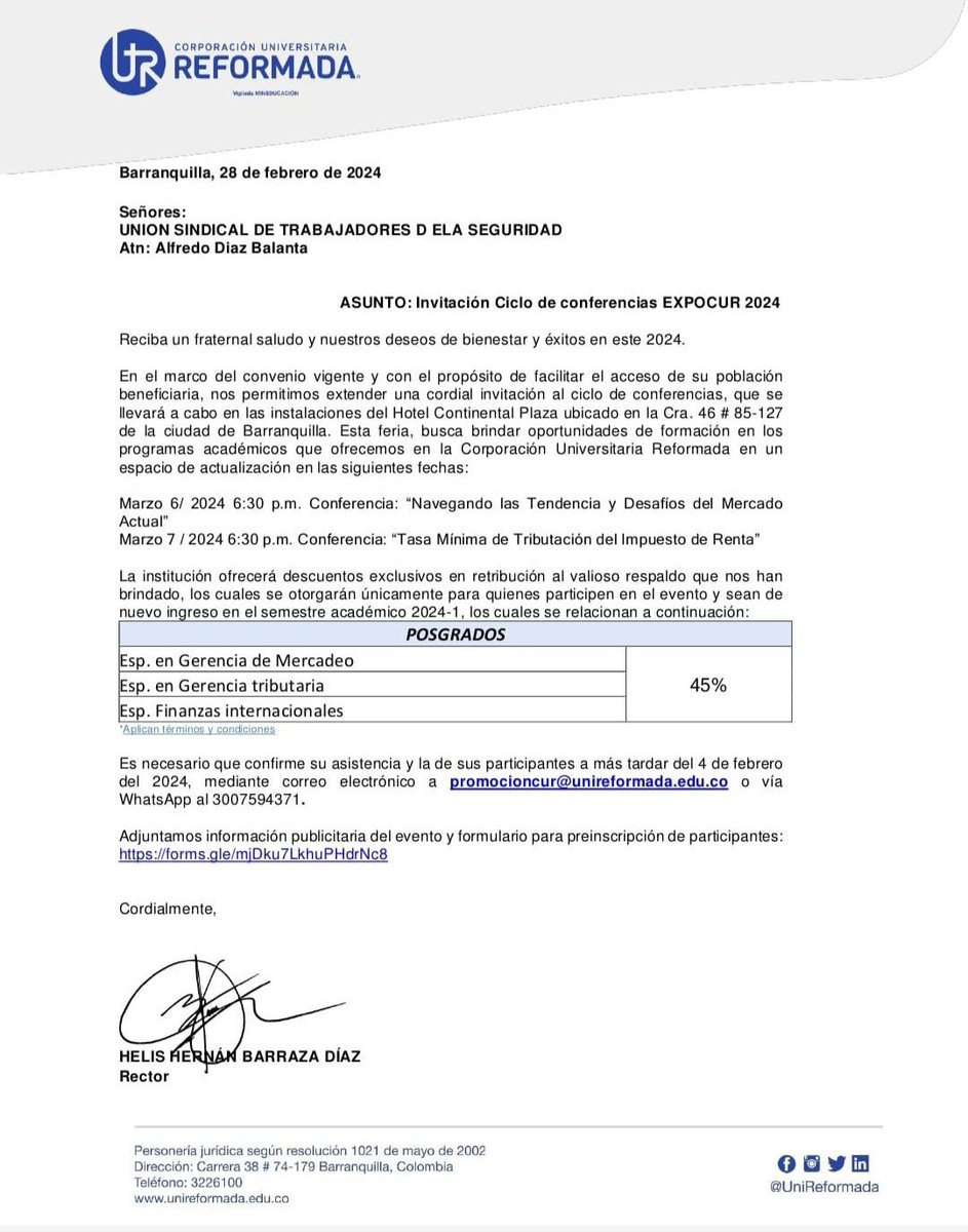 Convenio educativo entre Unsitraseg y la UNIVERSIDAD REFORMADA y a la ves nos hace la invitación al Ciclo de conferencias EXPOCUR 2024