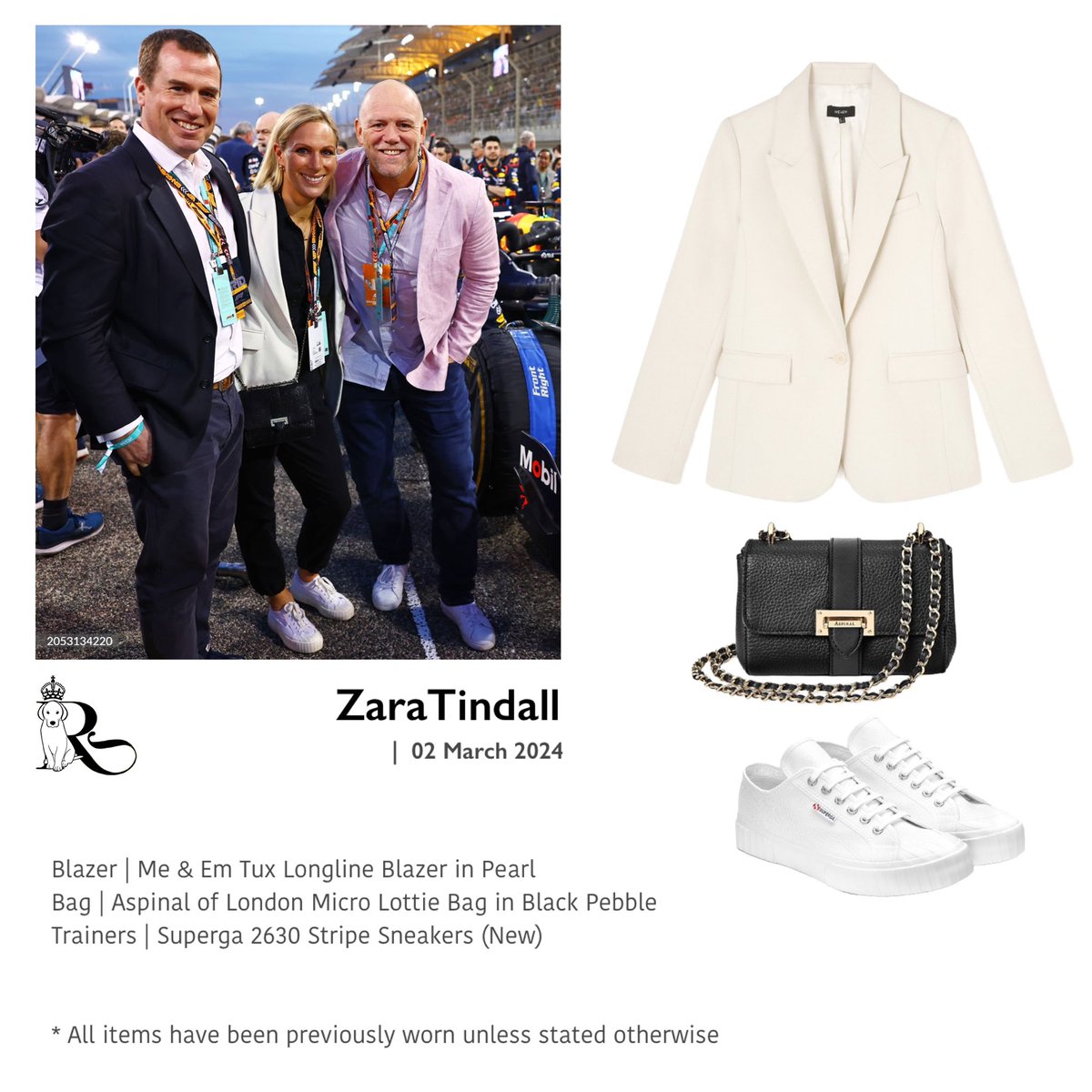Remisagoodboy's tweet image. Zara &amp;amp; Mike Tindall pose alongside Peter Phillips for a photo on the grid of the F1 Grand Prix of Bahrain.  Zara’s Outfit Details Below.  #ZaraTindall #MikeTindall #PeterPhillips