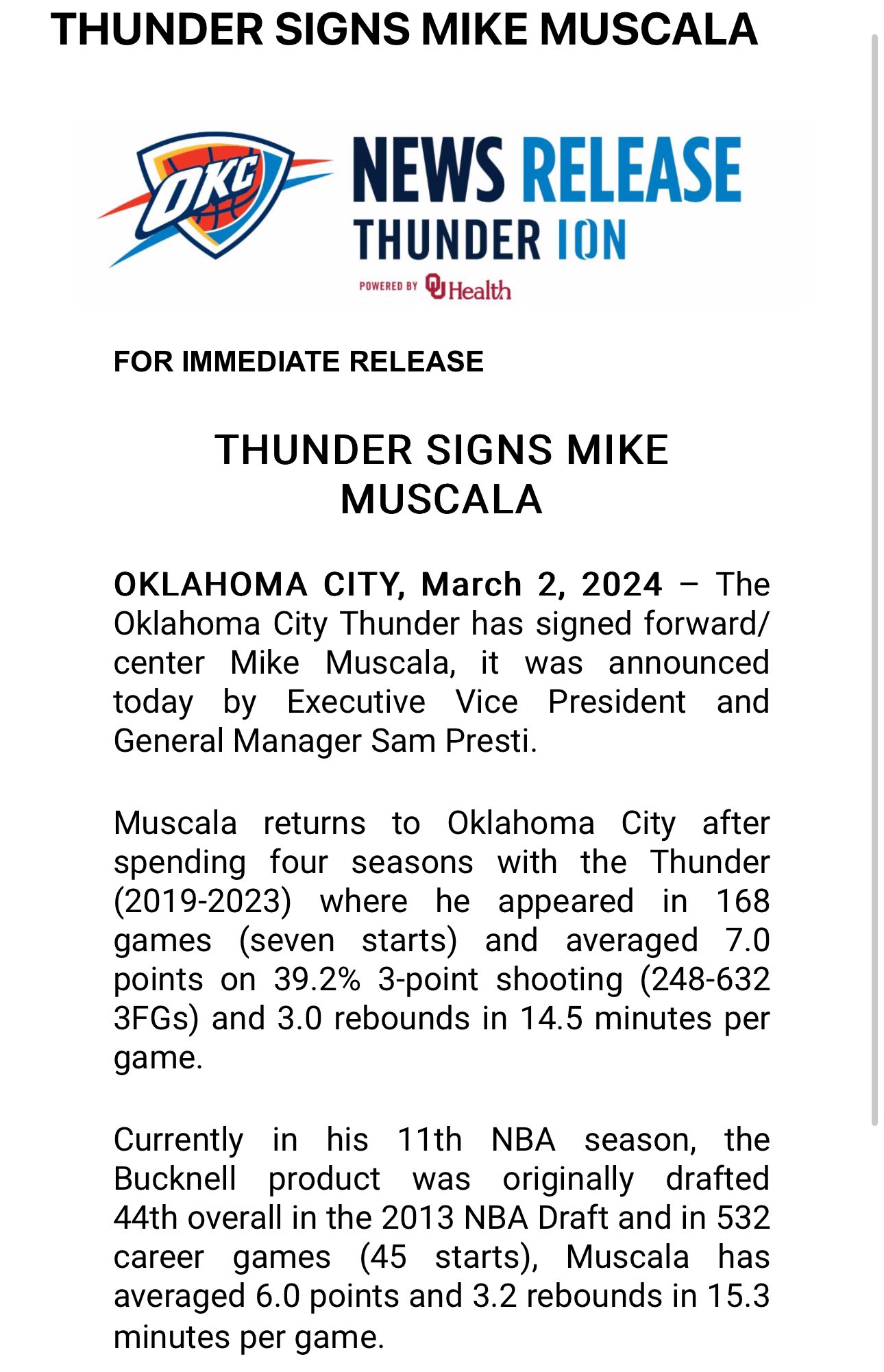 Thunder Signs Mike Muscala