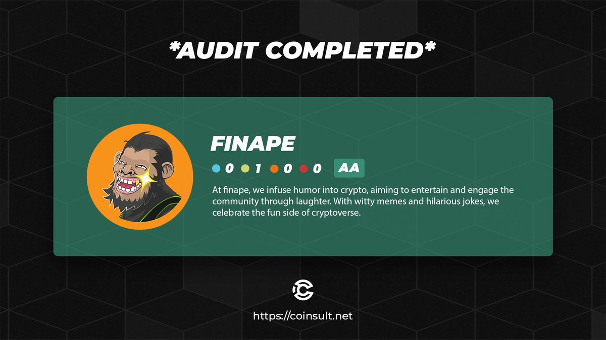 🔒 AUDIT COMPLETEF FOR FINAPE (🦧)

🎁 GIVEAWAY: $20 (48 hours)

1⃣ Follow @FINAPE_Official &amp; <a href="/CoinsultAudits/">Coinsult - Audits & Development</a> 
2⃣ Like + RT this tweet
3⃣ Place a comment 💬

Go check out the full project page of Finape 👇
coinsult.net/projects/finap…

#giveaway #cryptogiveaway #bitcoin #audit