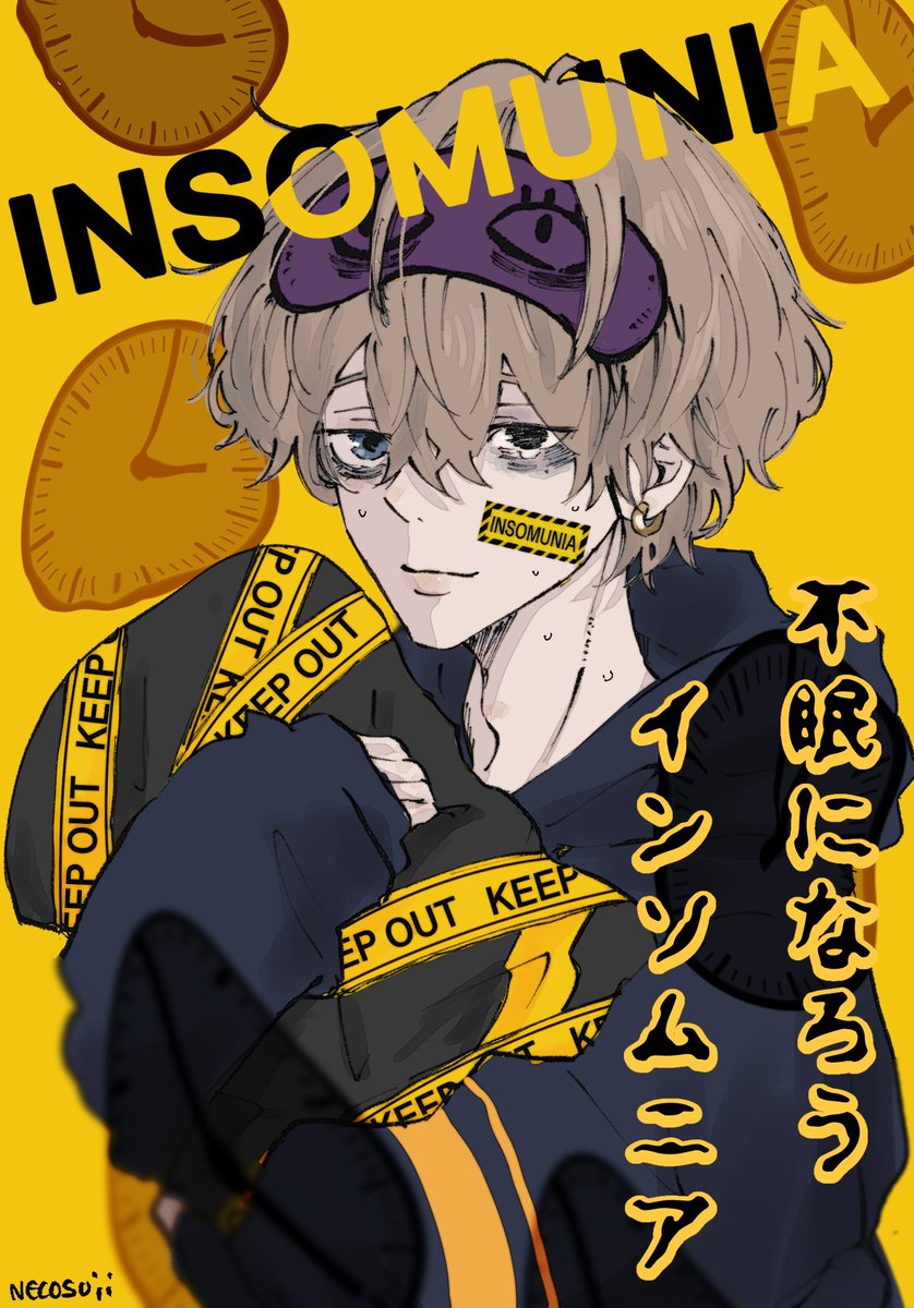 1boy male focus solo yellow background sleep mask hood hoodie  illustration images