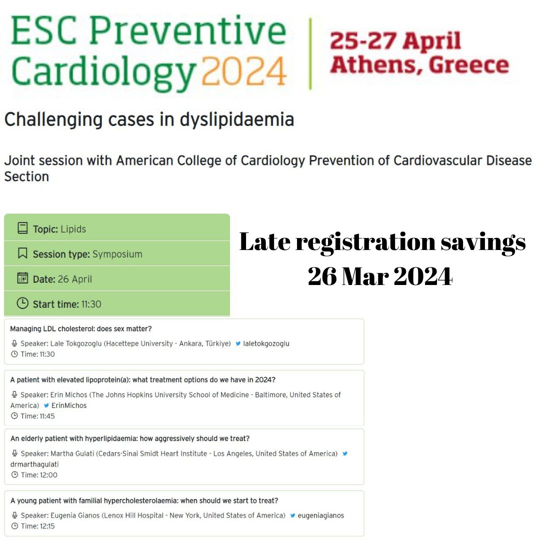 Are you interested in hyperlipidemia management?Join us at the ACC Joint Session in Athens to discuss the latest advancements in this crucial area! #ESCPrev2024 @LaleTokgozoglu @PeroneFrancesco @MeralKayikcoglu @TKDsosyal