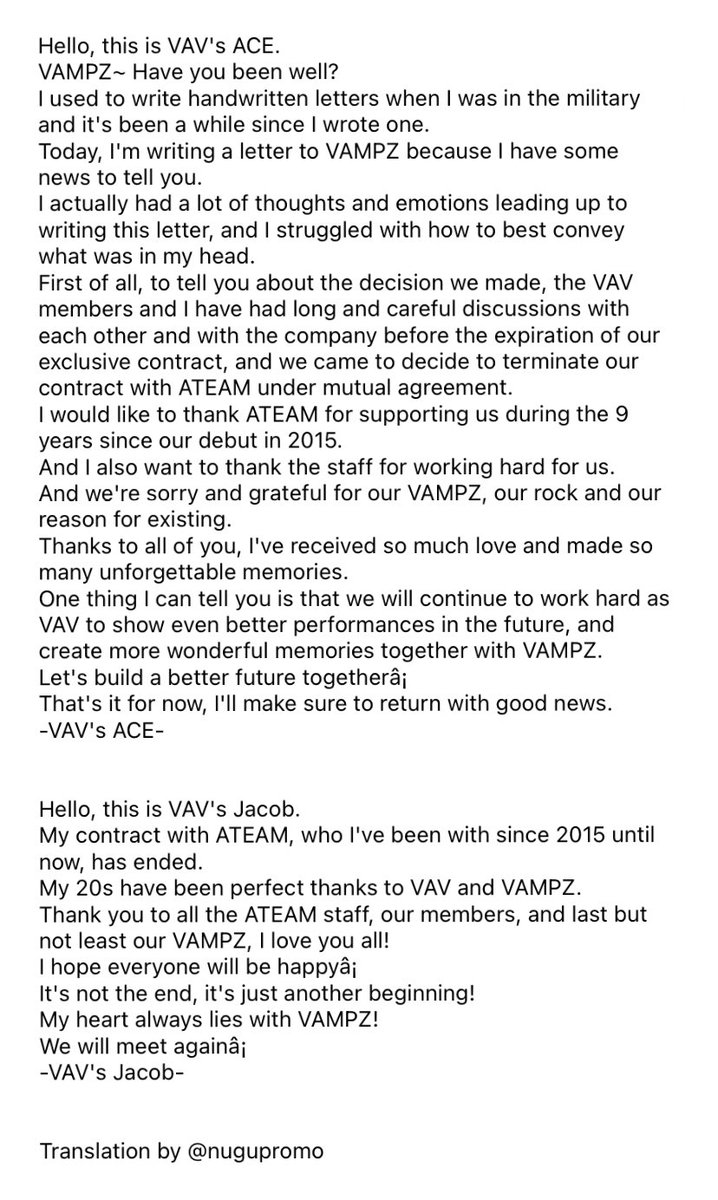 nugupromo's tweet photo. ☆—
vav confirm the group hasn't disbanded and will make a new start together in their handwritten letters, following their contract termination with ateam entertainment on february 29.

please look forward to their future activities! https://t.co/RjRd7T2sDo