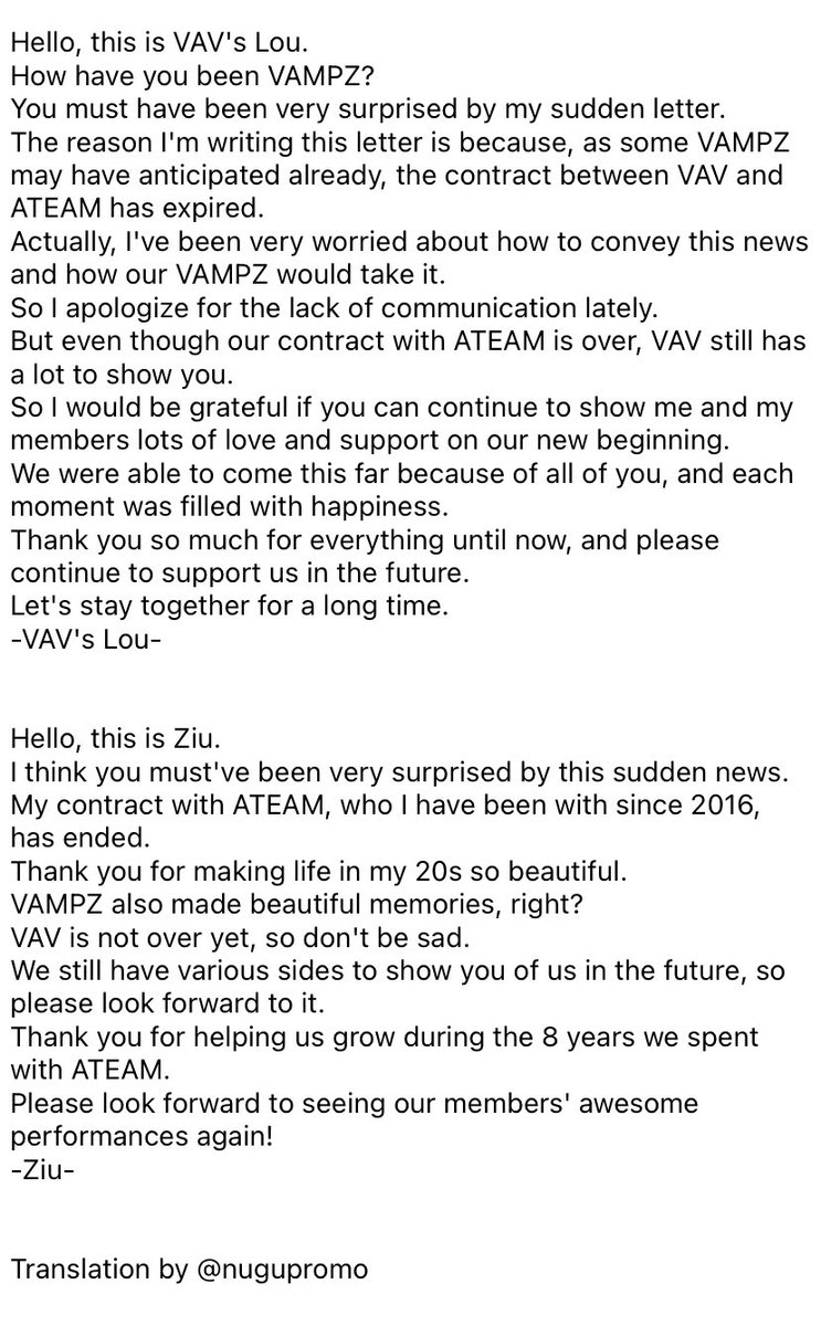 nugupromo's tweet photo. ☆—
vav confirm the group hasn't disbanded and will make a new start together in their handwritten letters, following their contract termination with ateam entertainment on february 29.

please look forward to their future activities! https://t.co/RjRd7T2sDo