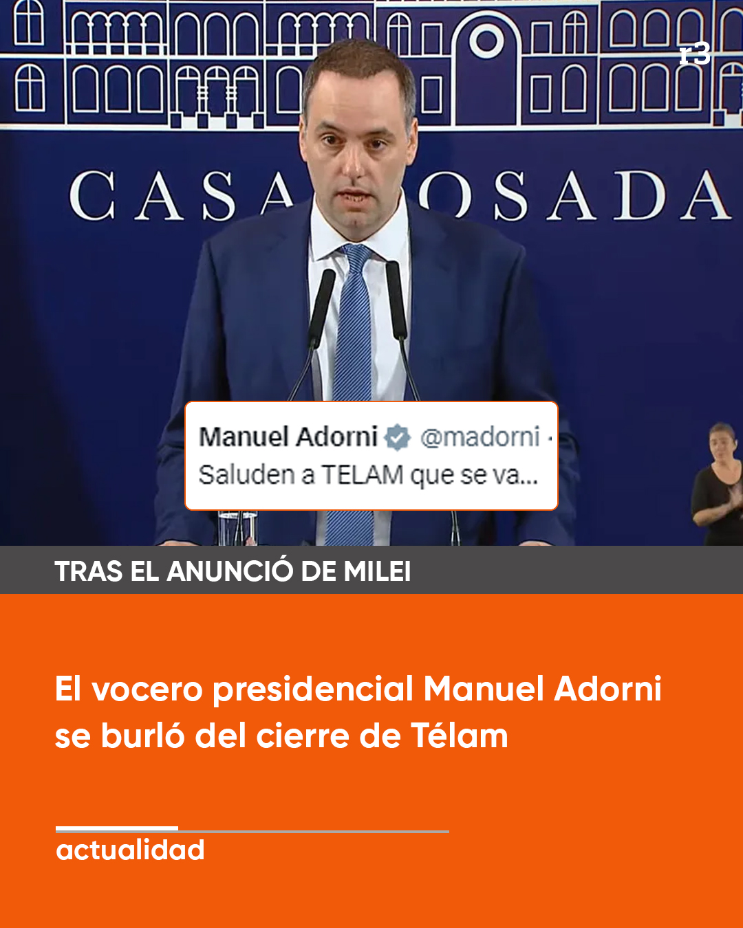 Rosario3.com on X: "📲 Adorni realizó un posteo en su cuenta de X donde escribió: “Saluden a Télam que se va…”. El cierre dejaría en la calle a más de 700 trabajadores,