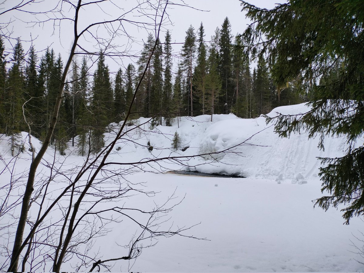 SussuKoo's tweet photo. Kesällä tämä Komulanköngäs on yksi Suomen näyttävimpiä vesiputouksia. Näin talvella tänne pääsee myös hiihtämällä katsomaan,joko kevät kolkuttelee ovella. https://t.co/w1TxDKYpOb
