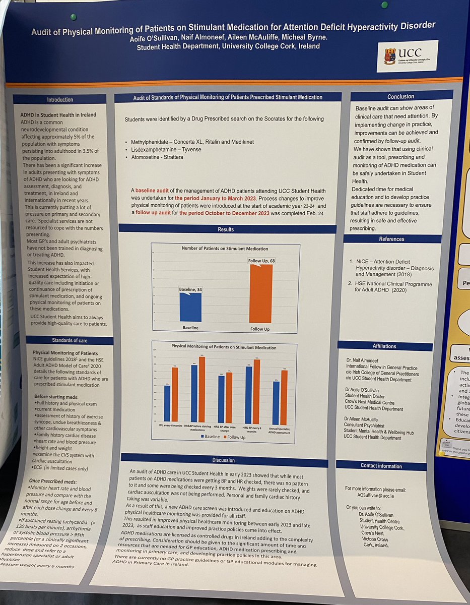 Congratulations to @UCC student health department for winning the ‘Pauline Carberry Memorial Award’, for best poster presentation at the #ISHA Conference 2024. ‘Audit of physical monitoring of stimulant medication for ADHD’. Well done to all who presented posters. 👏👏