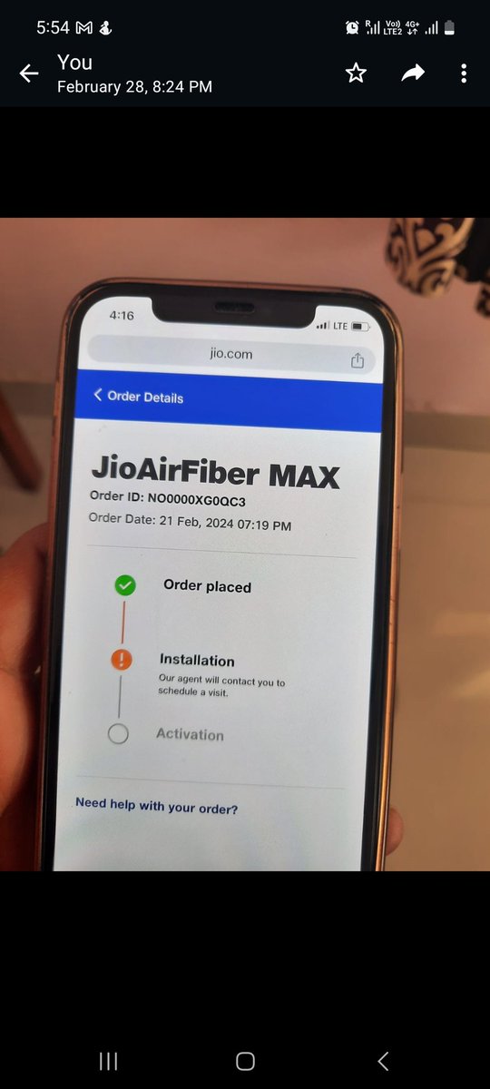 amitkumar689's tweet image. #jioairfiber #jiofiber
Air fiber BOOKED on 21FEB, but 10 days passed. There was no update about the connection. Many times, I visited jio Office Gwalior, but no one even wanted to listen to my problem 
My order number is NO0000XG0QC3
 World class company can anyone help.