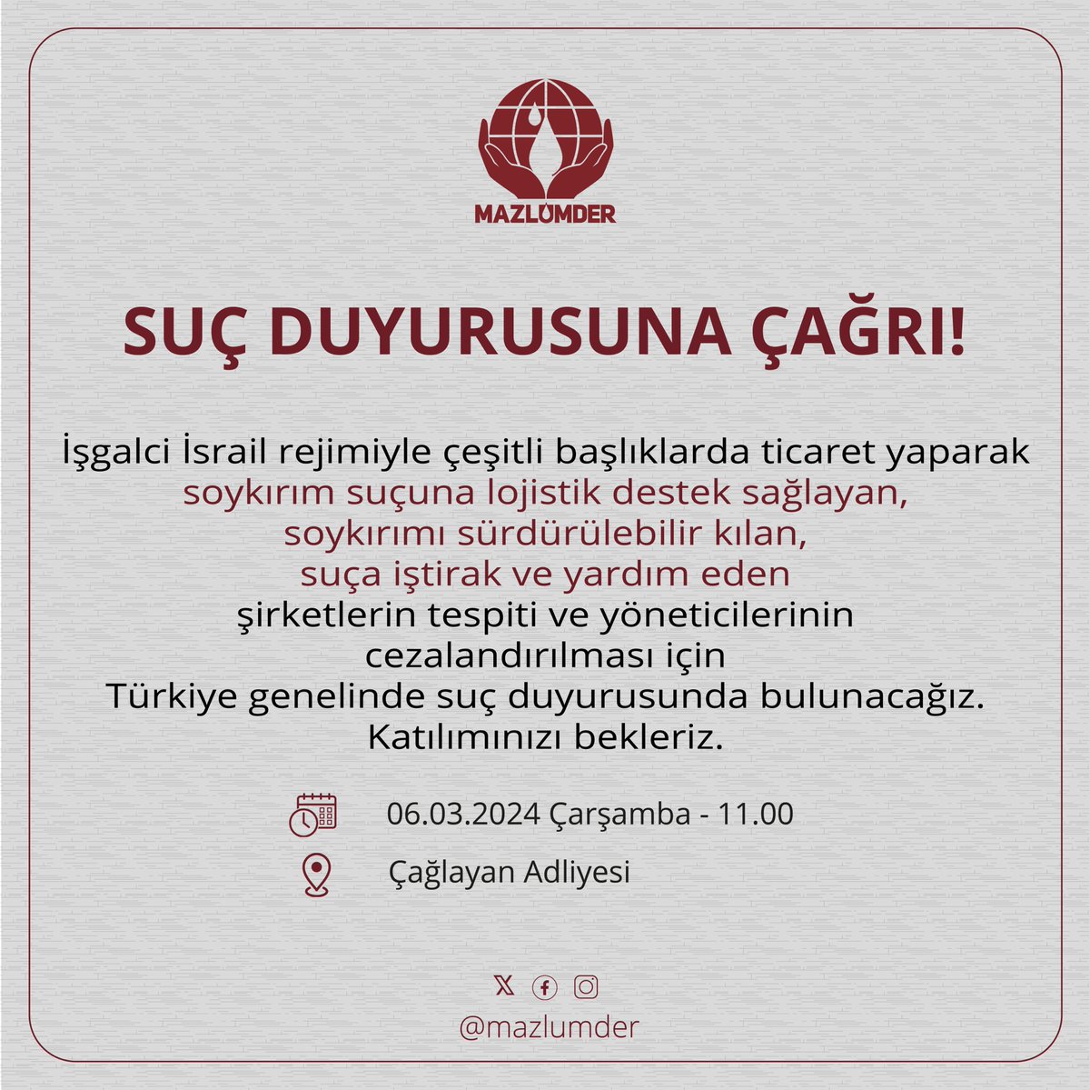 SUÇ DUYURUSUNA ÇAĞRI!

Gazze'de yaşanan soykırıma rağmen işgalci ve soykırımcı rejimle kirli ticaret devam ediyor.

İşgalci İsrail rejimiyle çeşitli başlıklarda ticaret yaparak soykırım suçuna lojistik destek sağlayan, soykırımı sürdürülebilir kılan, suça iştirak ve yardım eden