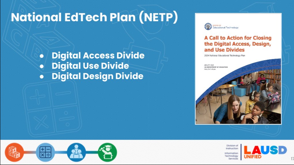 .@SMMendoza shares with #LEETS24 attendees the @usedgov's 2024 National Educational Technology Plan (NETP): A Call to Action for Closing the Digital Access, Design and Use Divides. Learn more at tech.ed.gov/NETP